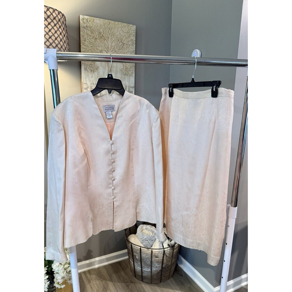 Adrianna Papell Vintage 100% Silk Skirt Suit Cream Cream Size 12/14